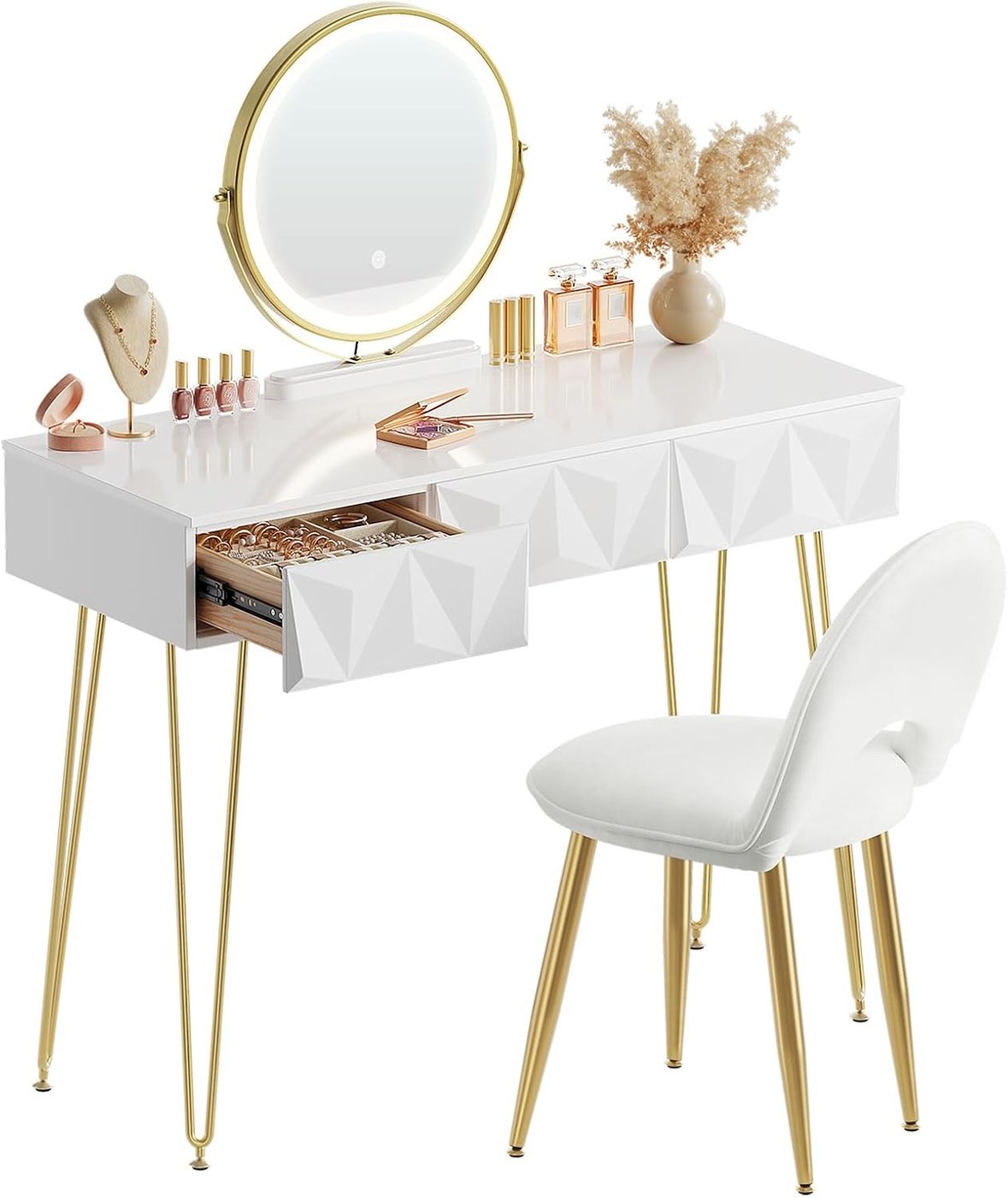 Dressing Table with LED Mirror, 3 Drawers and Velvet Stool